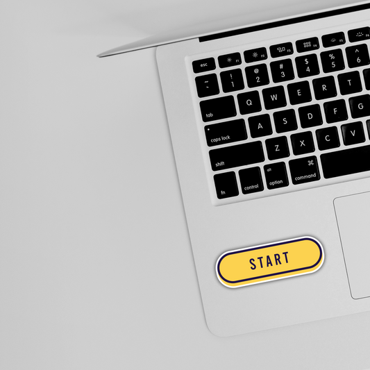 Yellow START sticker on laptop keyboard, cute tech sticker, Sticksnap trendy design