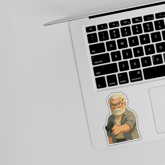Laptop with cute cartoon grandpa sticker holding object, trendy sticker on keyboard