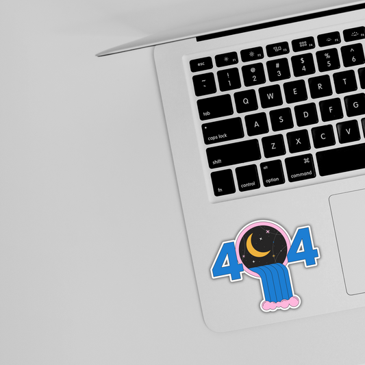 Cute 404 error sticker with night sky design on a silver laptop, Sticksnap trendy sticker