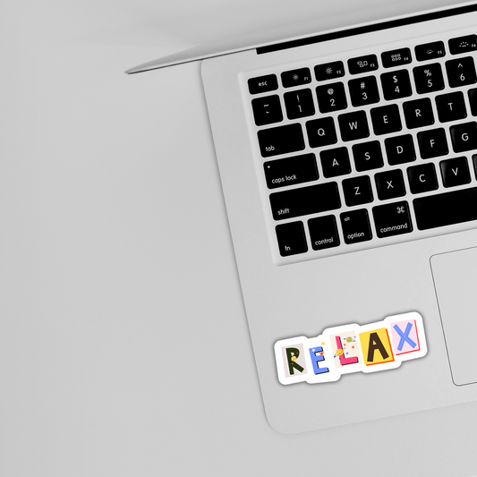 Cute 'RELAX' sticker on silver laptop, trendy colorful design, Sticksnap stickers online