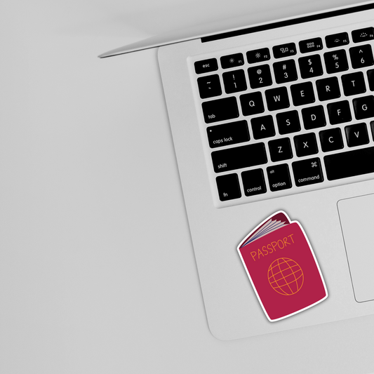 Cute red passport sticker on laptop, trendy travel theme from Sticksnap