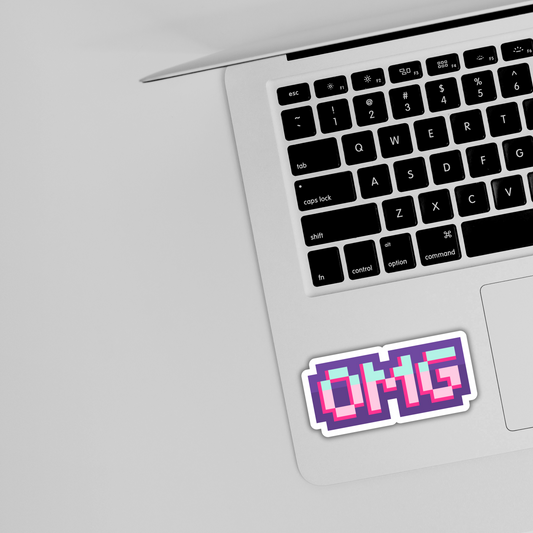 Colorful OMG sticker on silver laptop, cute trendy laptop sticker design from Sticksnap