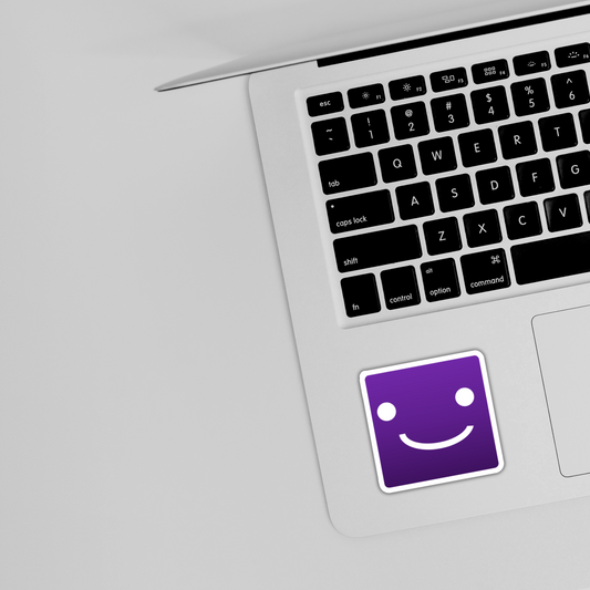 Cute purple smiley face sticker on laptop, trendy sticker design from Sticksnap