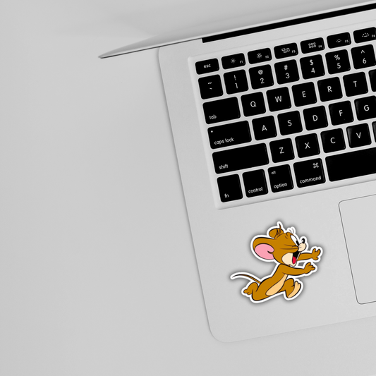 Cute cartoon mouse sticker on silver laptop, trendy laptop sticker design from Sticksnap