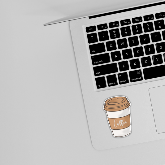 Coffee cup sticker on laptop keyboard, Sticksnap custom laptop sticker design