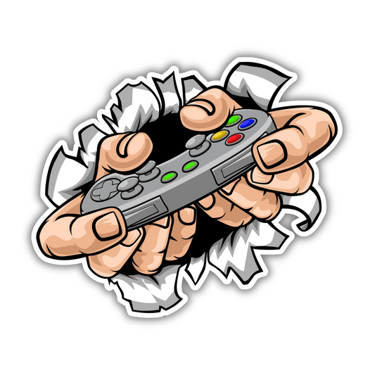 Cartoon hands holding a retro game controller bursting through white paper, Sticksnap gaming art