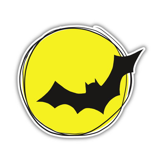 Cute bat silhouette sticker with yellow moon background, trendy vinyl sticker by Sticksnap