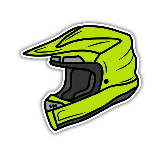 Cute neon green motocross helmet sticker with bold outline, trendy sticker design