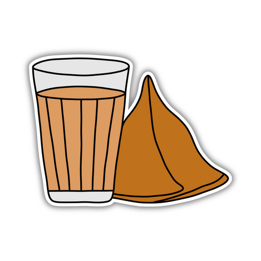 Cute sticker of chai glass with samosa, trendy snack design from Sticksnap