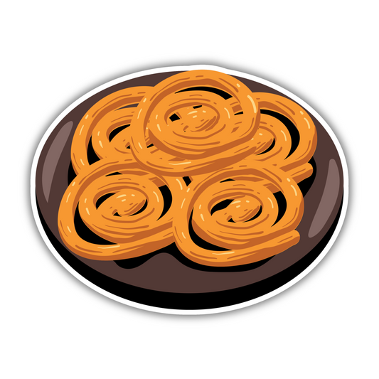 Cartoon jalebi dessert sticker on a dark plate, cute food design from Sticksnap