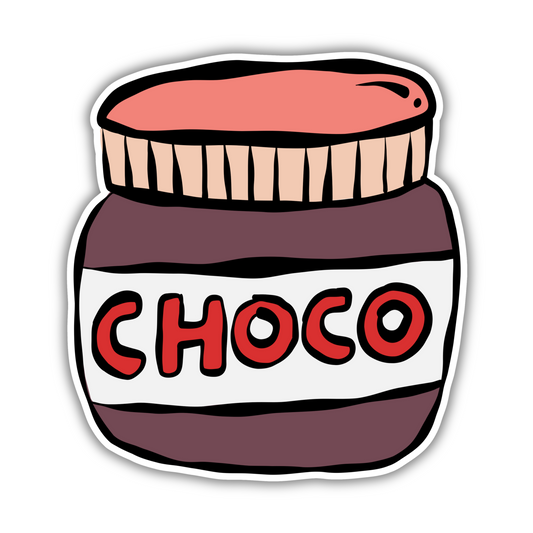 Cute cartoon chocolate jar sticker with 'CHOCO' label, trendy design from Sticksnap