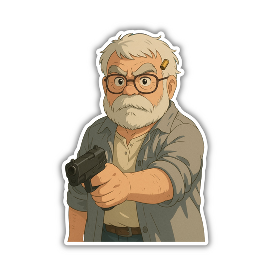 Cartoon sticker of serious older man with gray hair, glasses, and beard holding a black pistol