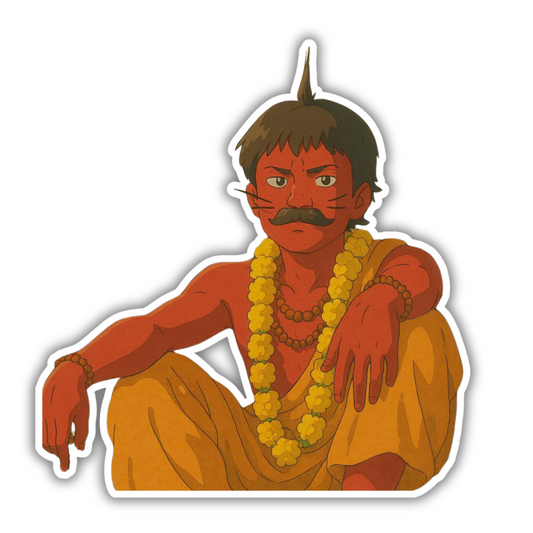 Cartoon monk sticker with garland necklace, sitting cross-legged, trendy cute sticker design