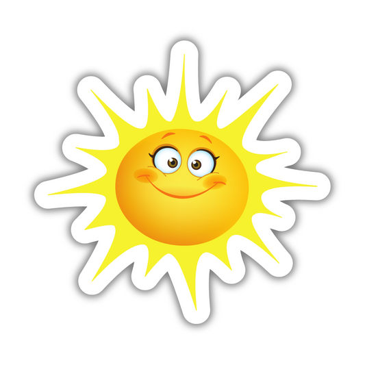 Cute smiling sun sticker with yellow rays, perfect for trendy sticker designs at Sticksnap