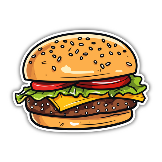 Cute cheeseburger sticker with lettuce, tomato, and sesame bun, trendy design from Sticksnap