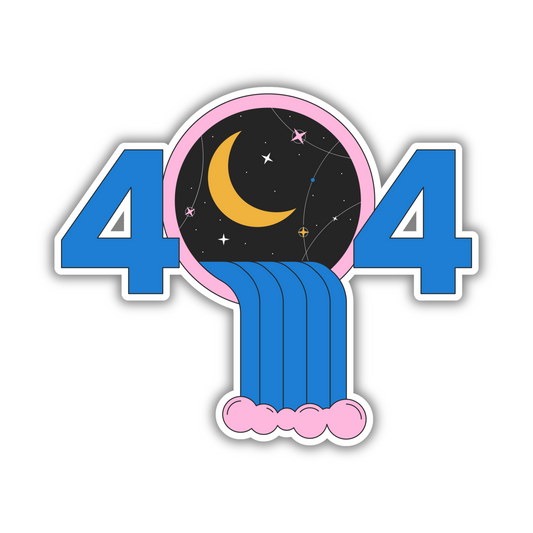 Cute 404 sticker with crescent moon, stars, and blue waterfall on Sticksnap