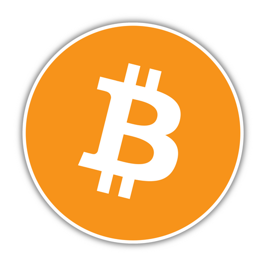 Bold white Bitcoin symbol on an orange circle background, cryptocurrency logo