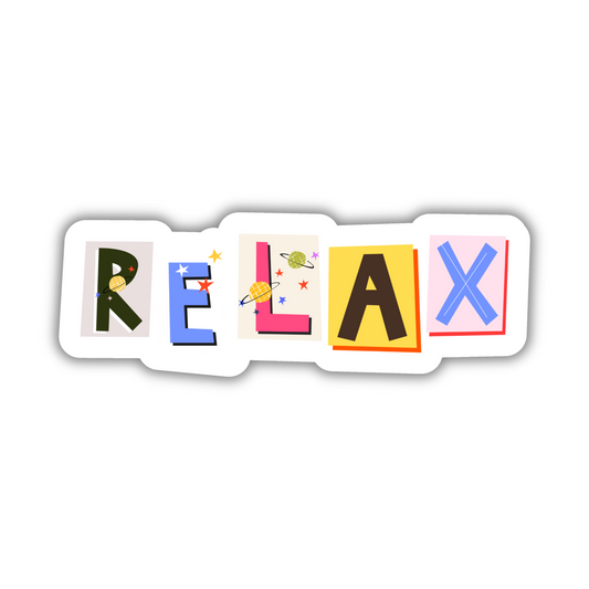 Cute RELAX sticker with colorful block letters and playful planet designs, trendy sticker art
