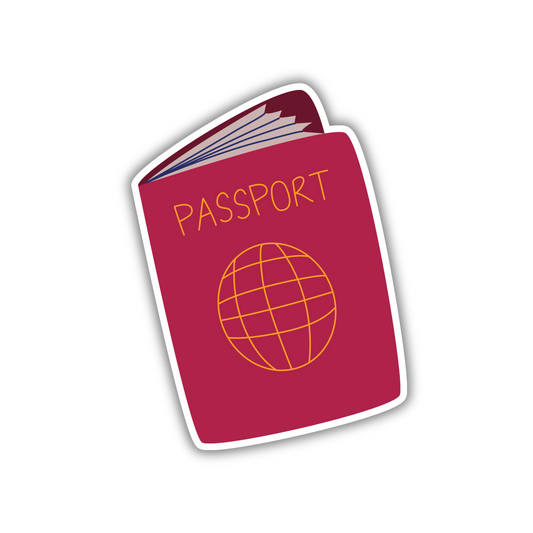 Cute passport sticker with a red cover and yellow globe, trendy travel design from Sticksnap