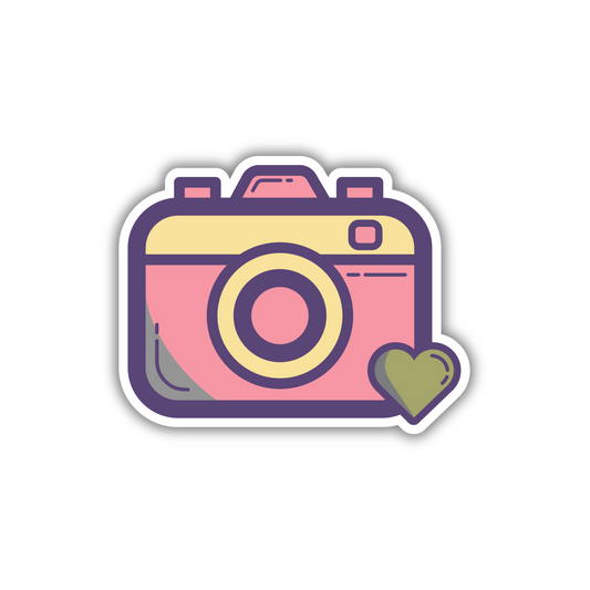 Cute camera sticker with pink, yellow, and green heart design from Sticksnap.
