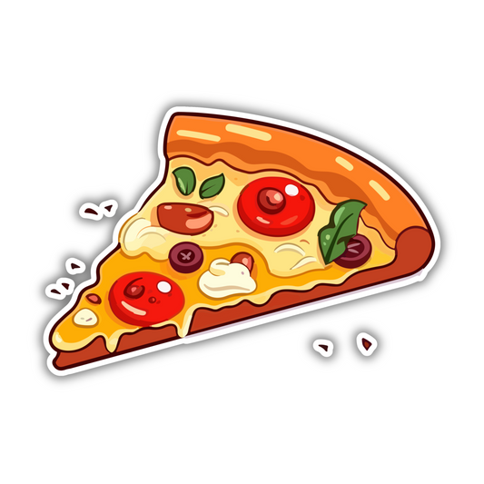 Cartoon pizza slice with cheese, tomato, olives, basil on white background, Sticksnap style