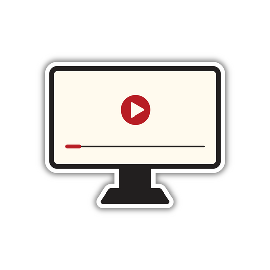 Cute video player sticker design featuring a monitor with a red play button, Sticksnap