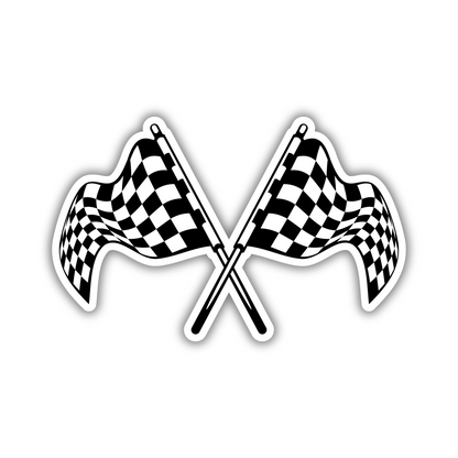 Crossed checkered racing flags sticker with bold black and white design on white background