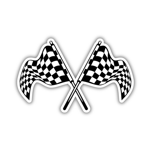 Crossed checkered racing flags sticker with bold black and white design on white background