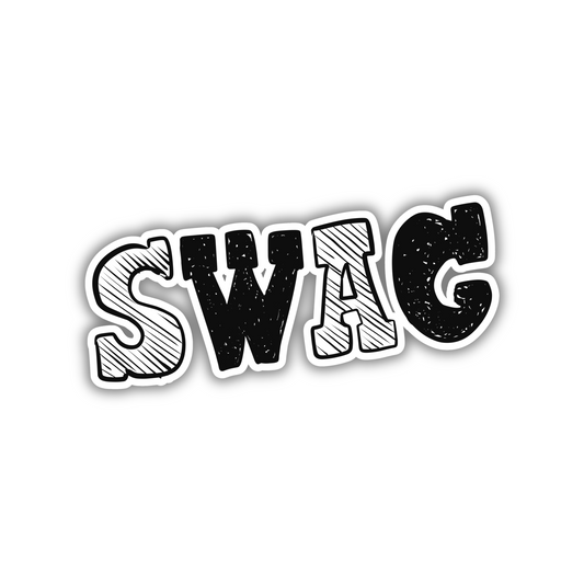 SWAG black and white outlined sticker with bold, trendy lettering on white background