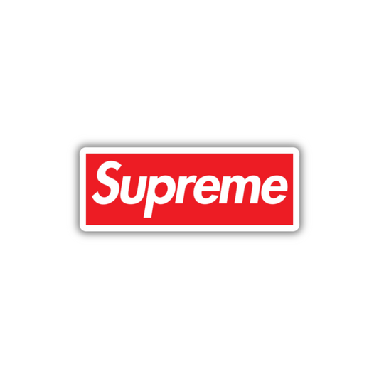 Red rectangle sticker with white Supreme text, trendy vinyl sticker design for laptops and skateboards