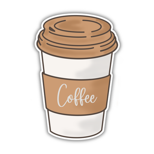 Sticksnap illustrated coffee cup sticker with brown lid and 'Coffee' text on sleeve