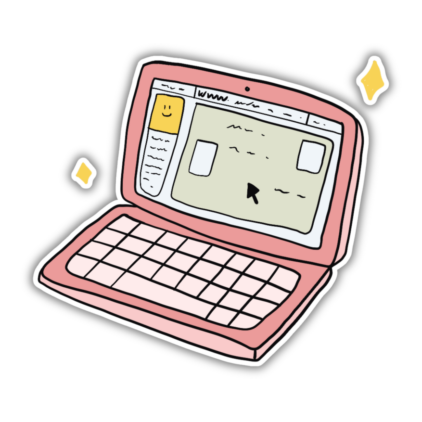 Pink cartoon laptop with open screen and keyboard, Sticksnap homepage illustration