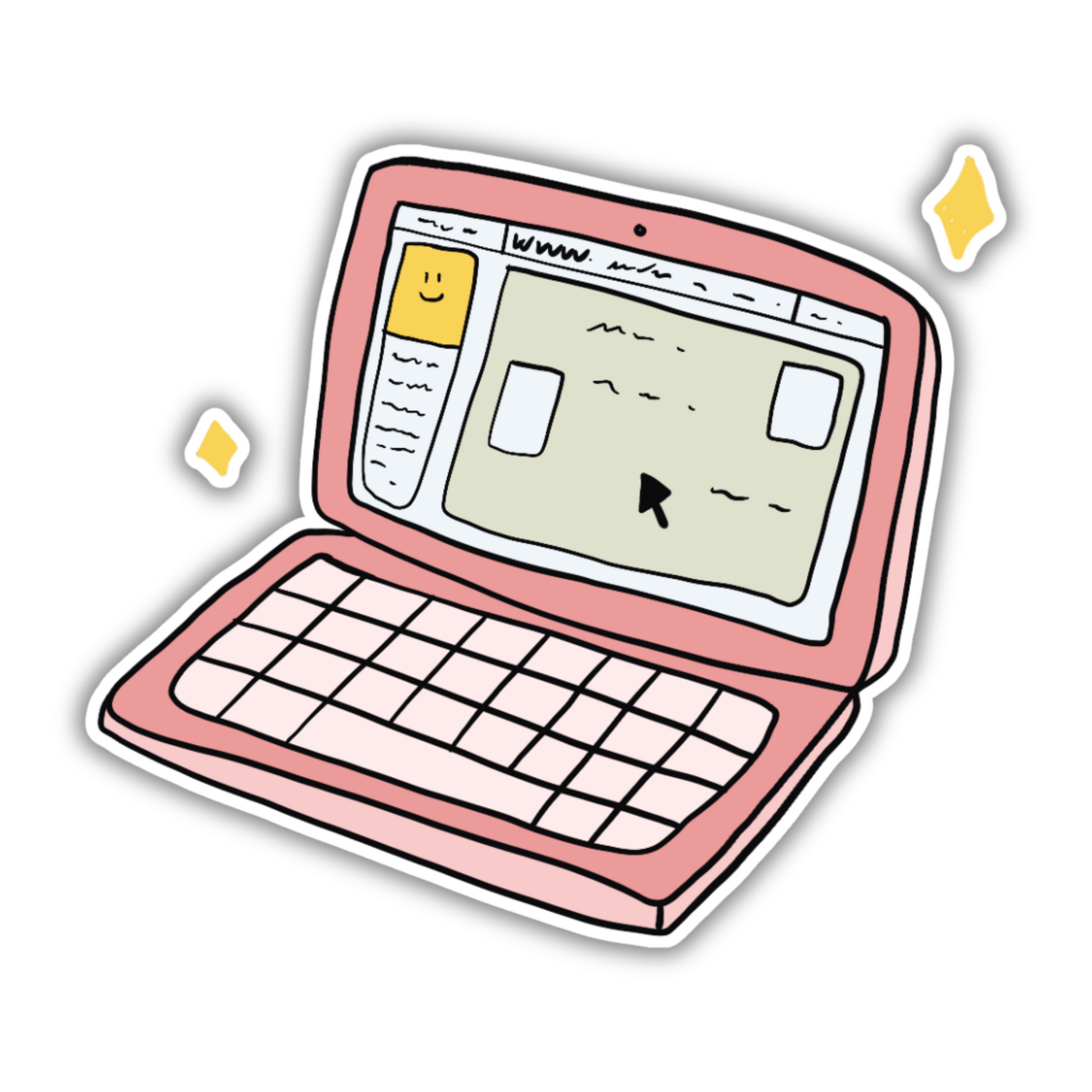 Pink cartoon laptop with open screen and keyboard, Sticksnap homepage illustration