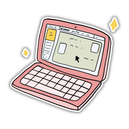 Pink cartoon laptop with open screen and keyboard, Sticksnap homepage illustration
